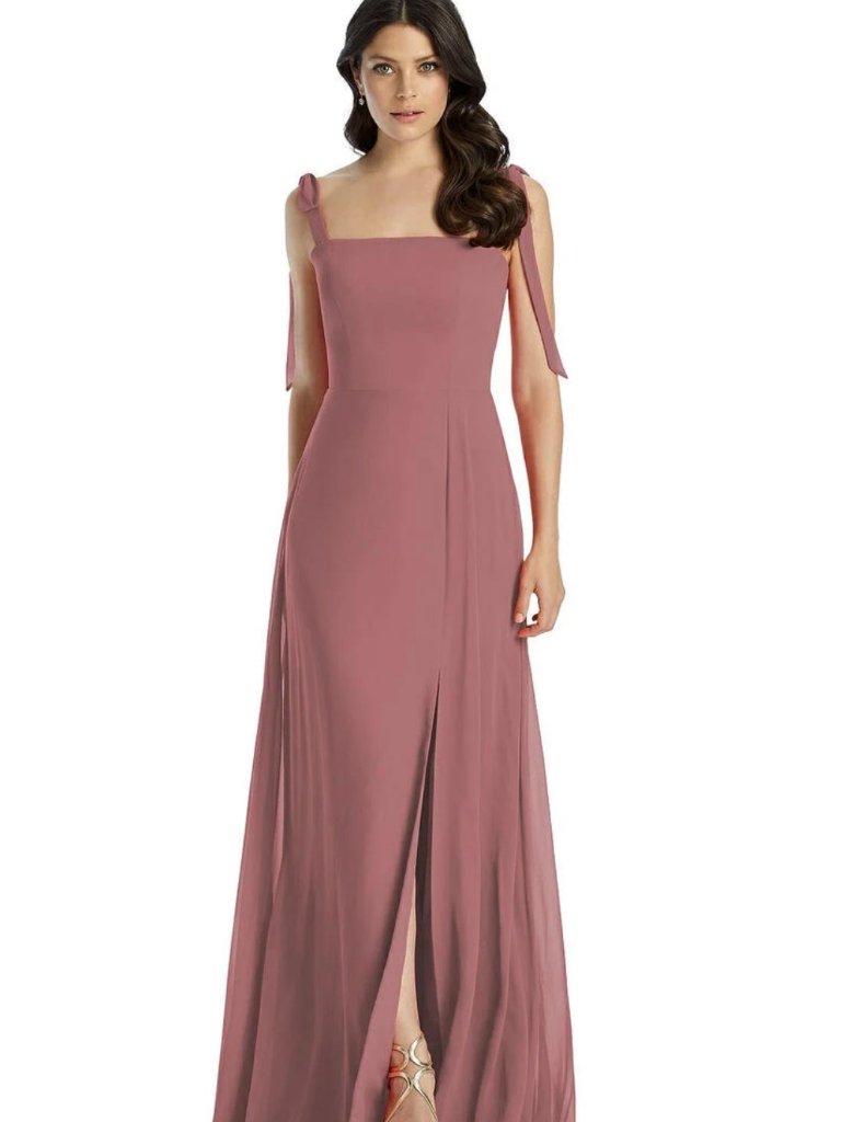 Dessy Collection 3042 Tie-Strap Chiffon Dress Front Slit French Truffle Size 4